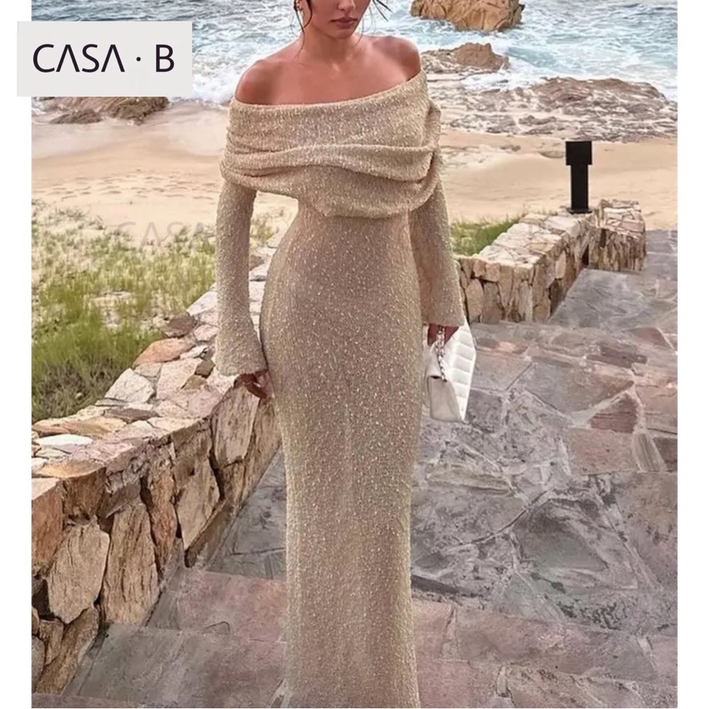 NEW to CASA B💫| Soriana Off the Shoulder Boucle Long Sleeve Draped Maxi Dress - Picture 11 of 13
